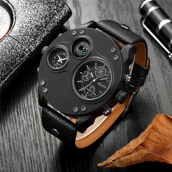 

oulm unique sport watches men luxury brand two time zone wristwatch decorative compass male quartz watch relogio masculino, Silver