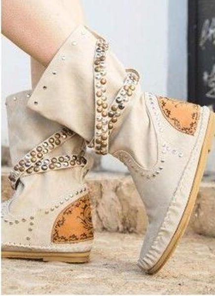 

fashion studded ankle boots round toe white gray suede flat leisure boots metal decoration patchwork runway big size 44, Black