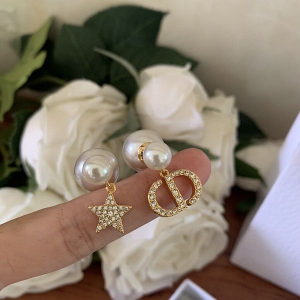 

d family 21 red gold pearl letter earrings for women, Golden