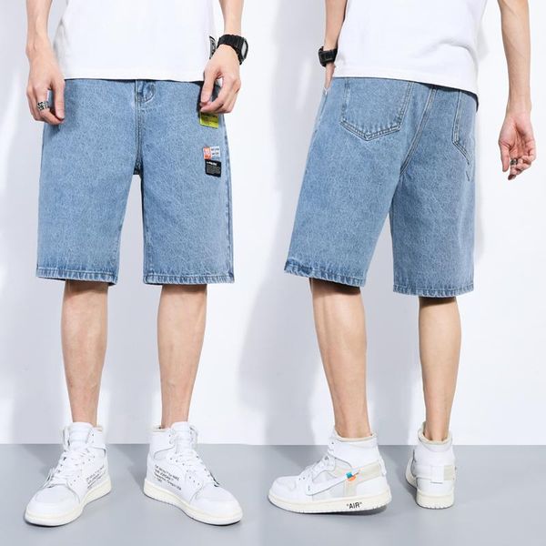 

fashion men's korean loose jeans solid color casual denim knee length shortsretro casual streetwear summer loose hip-hop, Blue