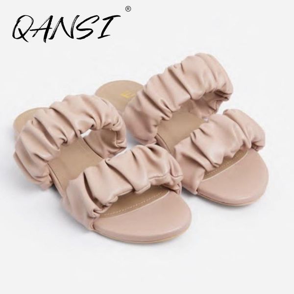 

slippers summer folds peep toe flat women's fashion pu round comfortable women shoes casual outdoor non-slip sandals, Black
