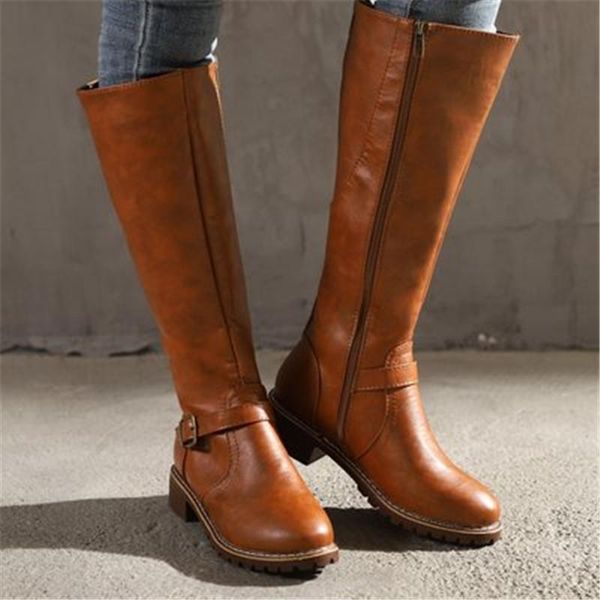 

boots women knee high buckle long female autumn winter soft leather fashion square heel knight black brown yellow eu 35-43
