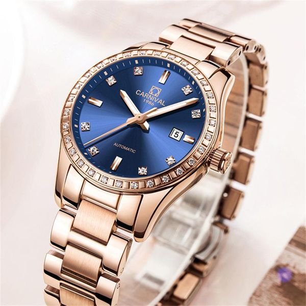 

wristwatches carnival casual elegant calendar luminous waterproof rose gold stainless steel strap automatic mechanical watches women 8685, Slivery;brown