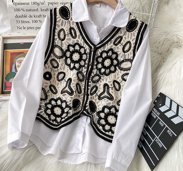 

2021 fashion vintage short vest hollow out crochet floral 2021 new arrival fall clothes chic tank coat female, White