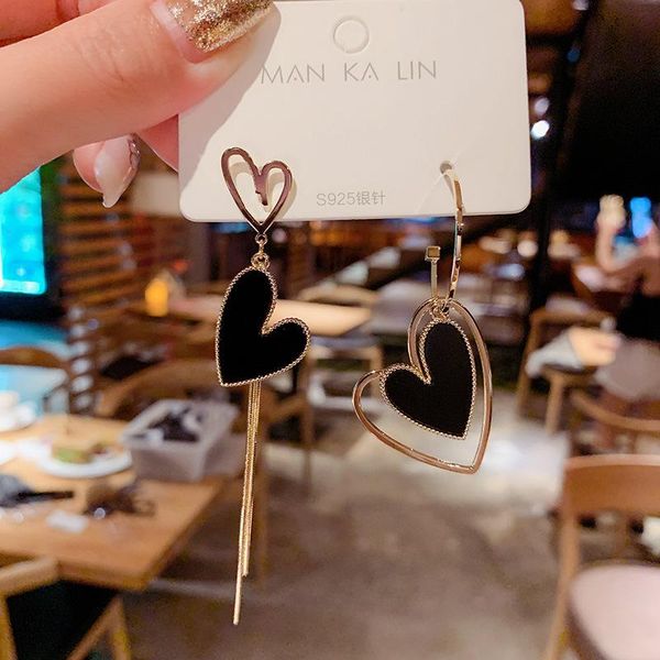 

dangle & chandelier korean style asymmetric black heart earrings for women gold color metal hollow layered love tassel drop brincos, Silver