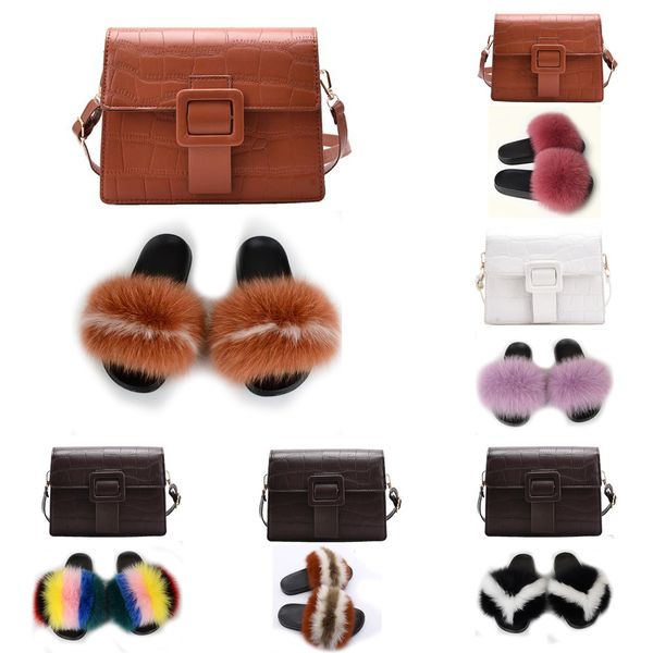 

extra fluffy luxury flats slippers and handbags furry sandals flip flops women shoes with bags real fox fur slides and purse set, Black