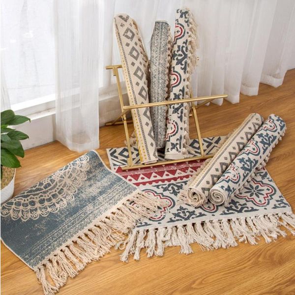 

retro bohemian carpet hand woven cotton linen carpet printed area rugs tufted tassels with anti skid pad throw rug bath doormat