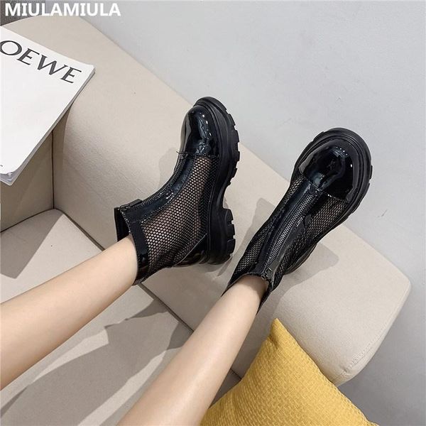 

boots miulamiula 2021 korean fashion black retro style air mesh thick bottom women comfy platform zipper shoes hallow lady wedge