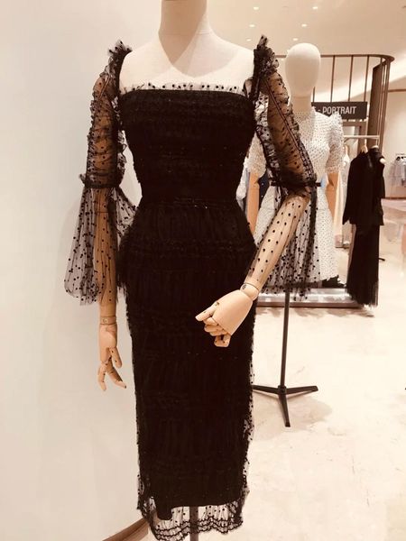 

square collar women see-through mesh midi 2021 new lady flocking sleeve party long es 2mtc, Black;gray