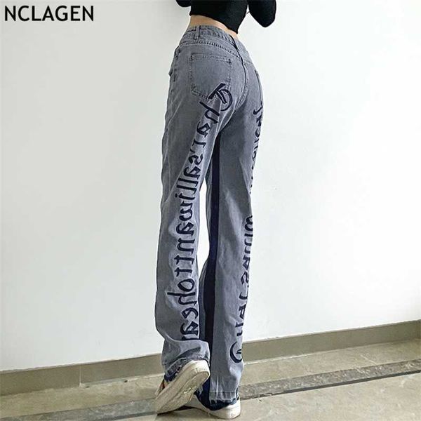 

nclagen gothic letter embroidery empire waist casual panelled color jeans for women hip hop vintage chic washed denim pants 210927, Blue