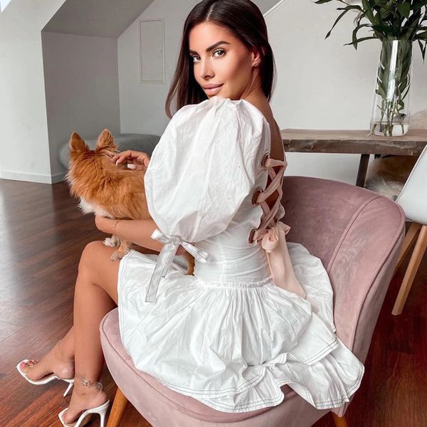 

2021 will see new casual arrival the neck ruffless shredded puff hollow sleeve out without back dressed short female dress lclq, Black;gray