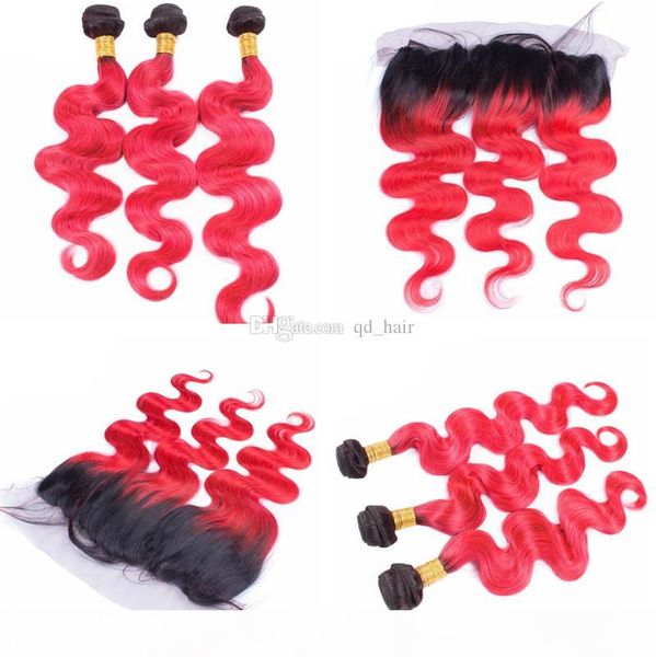

ombre ruby red color hair 3 bundles with ear to ear lace frontal brazilian hair 1b red full lace frontal, Black