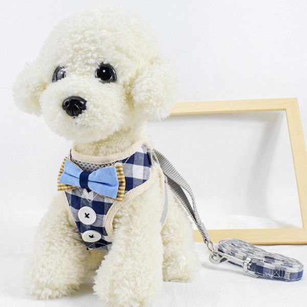 

dog collars & leashes harness breathable pet chest strap small cat puppy and leash set plaid bow tie walking vest for dogs jj50710