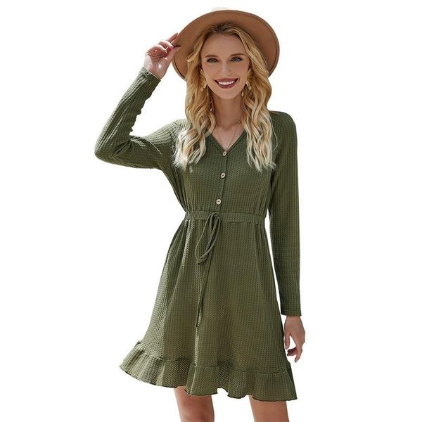 

casual dresses office lady straight dress women ruffle solid button above knee mini empire v-neck, Black;gray