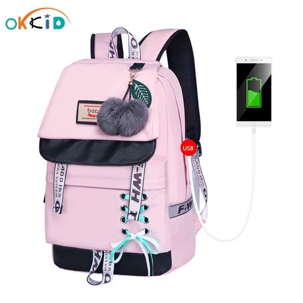 

okkid children school bags for girls cute pink backpack bag korean style bowknot fur ball girl bookbag 211021