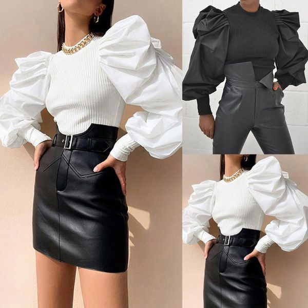 

women elegant streetwear lantern sleeve blouse perspective dot mesh sleeve tunic casual 2021 new arrivals#g2, White