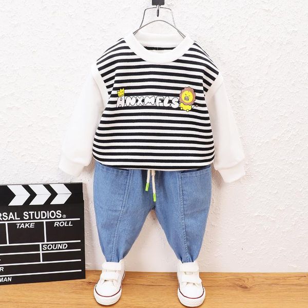 

clothing sets baby boys girls clothes spring boy fall fashion striped cartoon lion o-neck long sleeve + pants toddler outfit, White