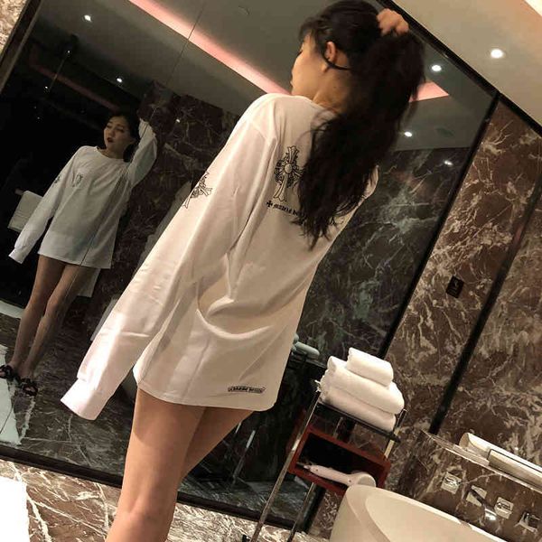 

cotton new horseshoe long cross t-shirt sleeve loose mesh red same tee, Black