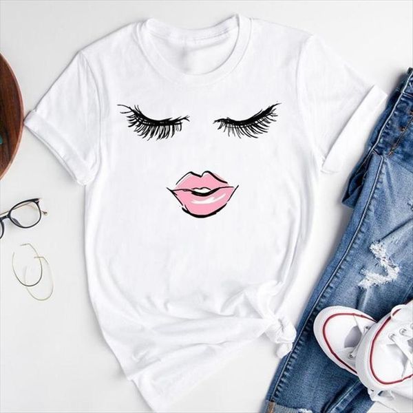 

graphic cartoon lip face womens funny cute 90s short sleeve summer fashion print female tees t shirt, White