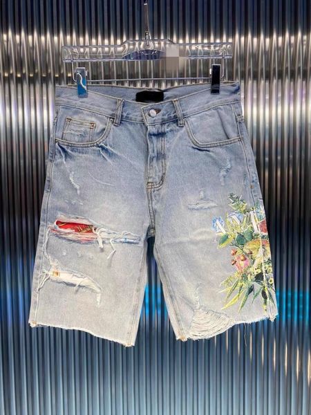 

men's jeans style high street flower print patchwork pastes holes do old short men europe and the united states fashion brand., Blue