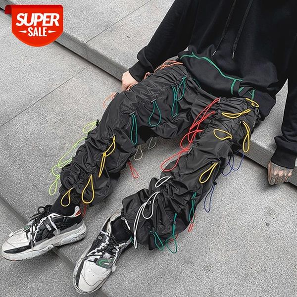 

new arrival colorful elastic rubber bands fashion straight-leg men's jogger harem pants hip hop stage trousers loose #e91t, Black