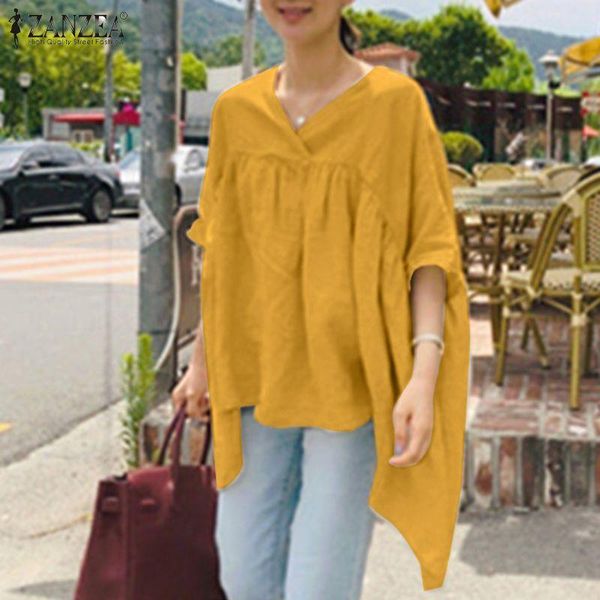 

women's blouses & shirts 2022 summer vintage blouse women cotton linen pleated casual solid loose tunic ladies short sleeve blus, White