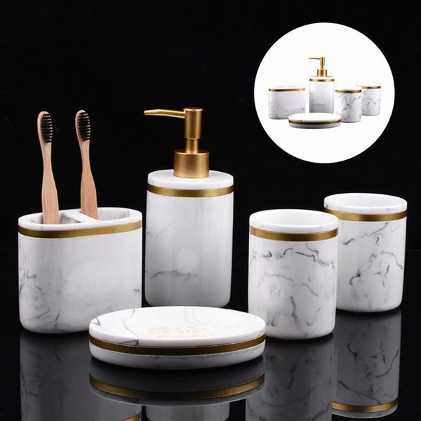 

bath accessory set bathroom counteraccessories 5pcs marble pattern toothbrush holder lotion dispenser soap tray decor