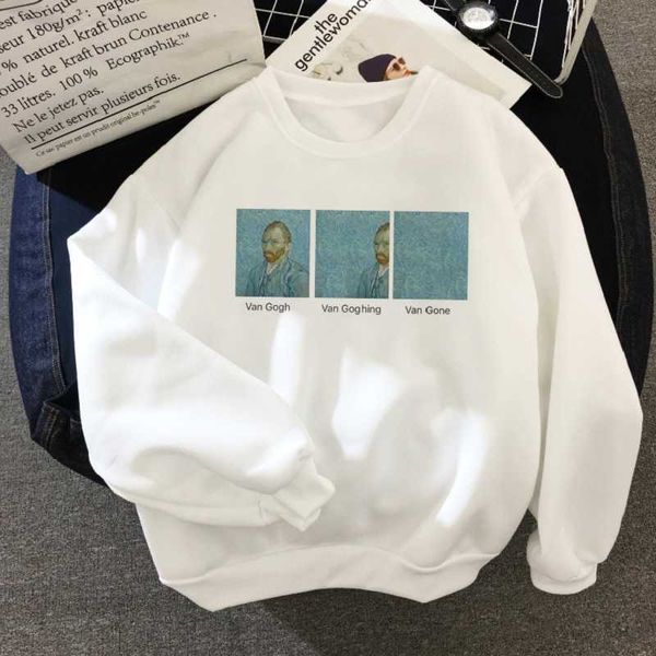 

van gogh winter fashion o-neck letter print sweatshirt female harajuku long sleeve loose cartoon art fun casual 210608, Black
