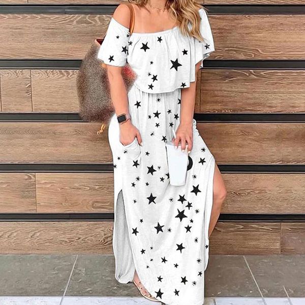 

2021 new casual cotton pockets split long women off shoulder ruffles maxi stars print beach party 66lh, Black;gray