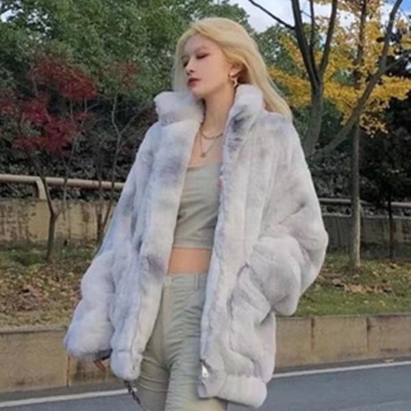 

women's fur & faux lamb coat women winter 2021 loose stand-up collar clothes tie-dye imitation zipper xf673, Black