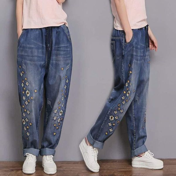 

women's jeans 2xl-6xl plus size embroidery flowers female fashion slim was thin washed wild vintage denim pants l833, Blue