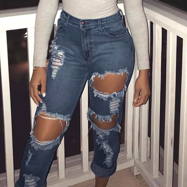 

2020 latest women stretch disturbed ny high tail denim ripped jeans broek # g1, Blue