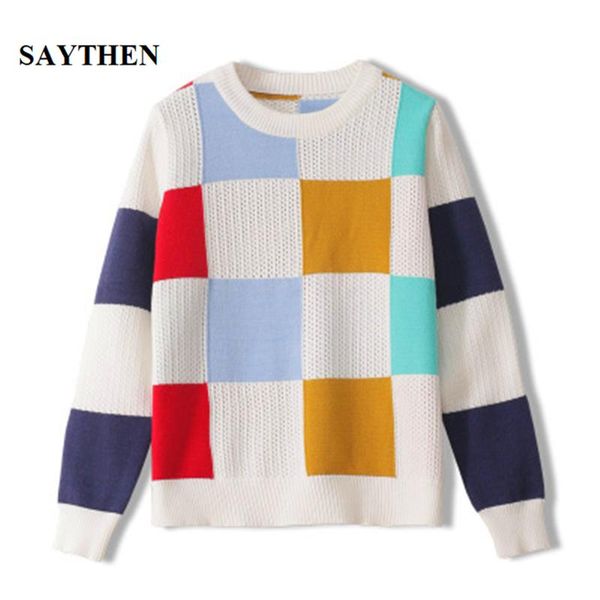 

women's sweaters saythen retro style square lattice color matching sweater women 2021 autumn and winter loose jacket long-sleeved knitt, White;black