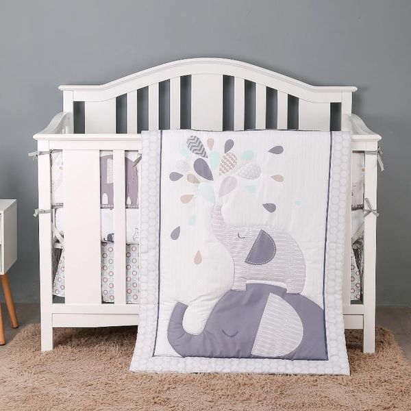 

bedding sets grey elephants baby nursery crib set, jungle animal safari theme -- comforter, fitted sheet, skirt