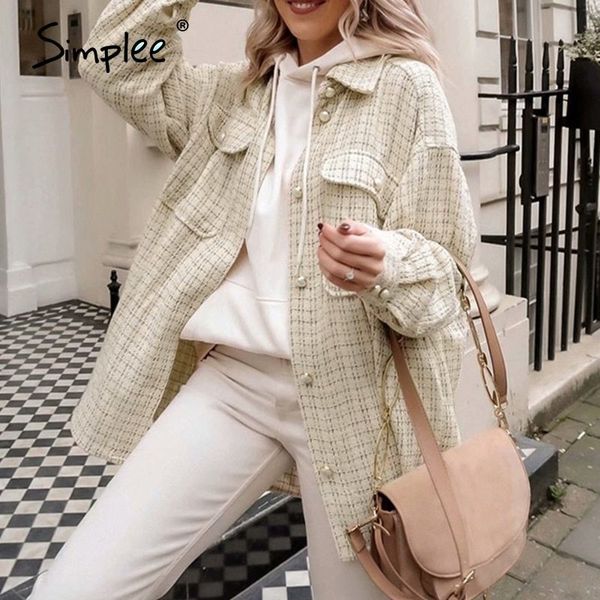 

simplee elegant pearl tweed plaid shirt women autumn winter casual loose oversized long shirt high street fashion women's blouse 210225, White