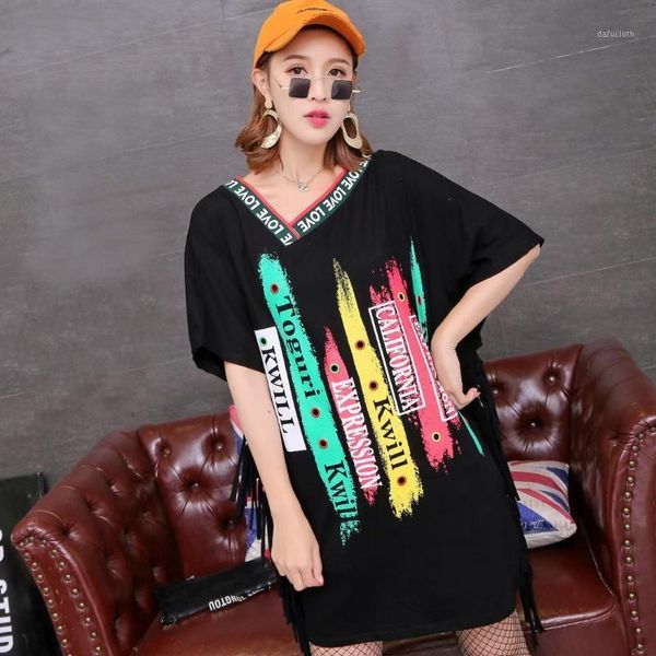 

women's t-shirt punk rock spring autumn fashion print short sleeve cotton tassel plus size women clothing, White