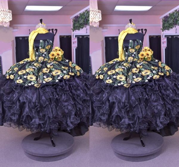 

2022 eye-catching sunflowers embroidered quinceanera dresses charro strapless orgaza ball gowns ruffle prom sweet 16 15 girls dress mexican, Blue;red