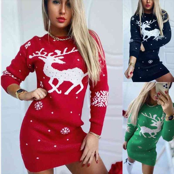 

women retro thicken sweater christmas elk print jacquard knit round neck long-sleeved slim waist elastic bag hip mini dress, White;black