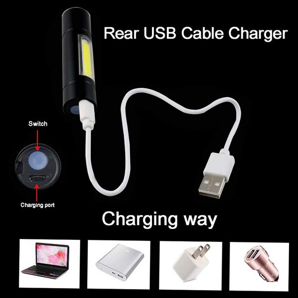 

usb rechargeable flashlight 3 lighting mode cob+xpe led mini flashlight waterproof portable used for camping cycling work etc