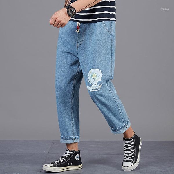 

large men's 9-point jeans loose harlan straight pants wide leg drop feeling hong kong style korean daddy, Blue