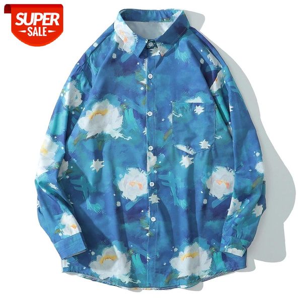 

hip hop flowers oil painting print long sleeve shirt men harajuku streetwear hawaiian beach shirts cotton oversize holiday shirt #ms6v, White;black