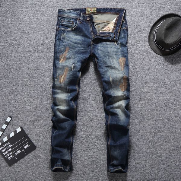 

italian fashion men's brem thin retro-blue breeches torn hip pants streetwear vintage designer jeans vtmr