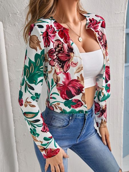 

allover floral open front crop jacket k8wk#, Black;brown