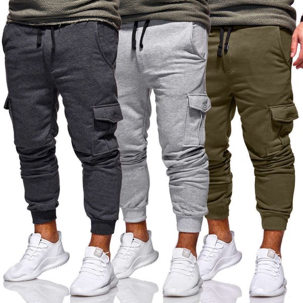 

autumn and winter new solid color side pocket men's casual pants fitness pantswinter, Black
