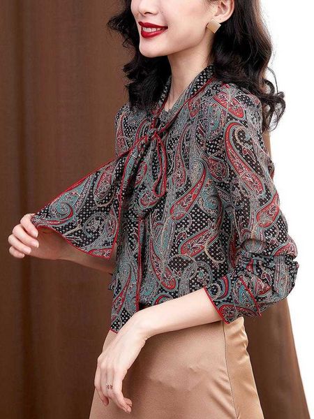 

women's knits & tees vintage paisley print women chiffon blouses long sleeve elegant bow collar office ladies shirts tuniki damski, White