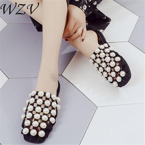 

sandals soft leather woven slippers women summer pearl flat heels beach casual slides shoes woman outdoor flip flops, Black