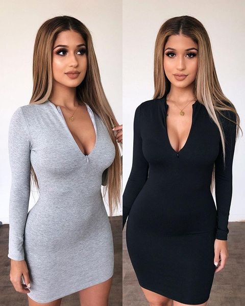 

casual dresses women's long sleeve midi dress fashion wild zippered slim fit bag hip solid color, Black;gray