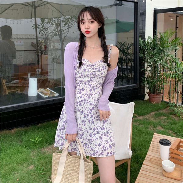 

type rail summer korean style waist slim sweet spicy small pleated floral suspender dress, Black;gray
