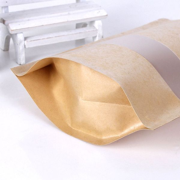 2021 100 peças de alimento Barreira de umidade sacos com janela clara marrom kraft papel doypack bolsa ziplock embalagem mala de vedação