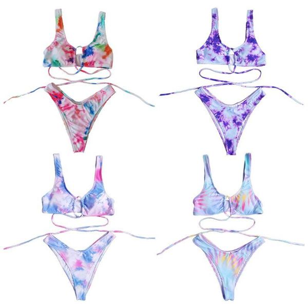 

women bikini set rainbow tie-dye swimsuit hollow cross strappy bathing suit
